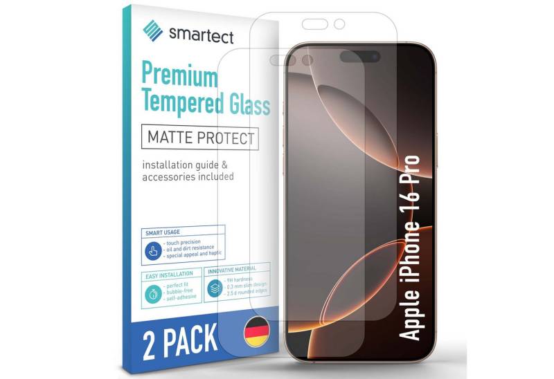 smartect Displayschutzglas Schutzglas Matt für iPhone 16 Pro, 2 Stück für iPhone 16 Pro, 2 Stück, Anti-Fingerabdruck, 9H Härte, Blasenfreie Installation von smartect
