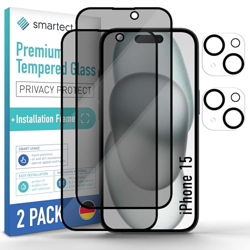 smartect Schutzglas [2 + 2 Stück, Full Screen Privacy] kompatibel mit iPhone 15, Display + Kamera, inkl. Positionierhilfe, Sichtschutzfolie Anti-Kratzer, Blasenfrei, 9H Härte, Anti-Spy von smartect
