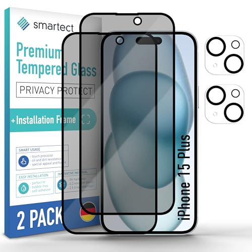 smartect Schutzglas [2 + 2 Stück, Full Screen Privacy] kompatibel mit iPhone 15 Plus, Display + Kamera, inkl. Positionierhilfe, Sichtschutzfolie Anti-Kratzer, Blasenfrei, 9H Härte, Anti-Spy von smartect