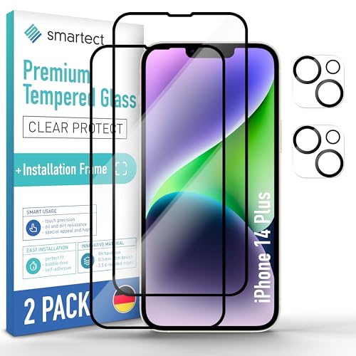 SmarTect Schutzglas [2 + 2 Stück, Full Screen] kompatibel mit iPhone 14 Plus, Display + Kamera, inkl. Positionierhilfe, HD Schutzfolie Anti-Kratzer, Blasenfrei, 9H Härte, 0.3 mm Ultra-klar von SmarTect