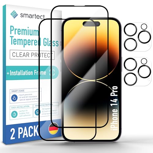 SmarTect Schutzglas [2 + 2 Stück, Full Screen] kompatibel mit iPhone 14 Pro, Display + Kamera, inkl. Positionierhilfe, HD Schutzfolie Anti-Kratzer, Blasenfrei, 9H Härte, 0.3 mm Ultra-klar von SmarTect