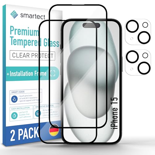 smartect Schutzglas [2 + 2 Stück, Full Screen] kompatibel mit iPhone 15, Display + Kamera, inkl. Positionierhilfe, HD Schutzfolie Anti-Kratzer, Blasenfrei, 9H Härte, 0.3 mm Ultra-klar von smartect