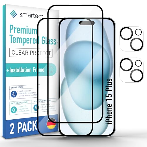 SmarTect Schutzglas [2 + 2 Stück, Full Screen] kompatibel mit iPhone 15 Plus, Display + Kamera, inkl. Positionierhilfe, HD Schutzfolie Anti-Kratzer, Blasenfrei, 9H Härte, 0.3 mm Ultra-klar von SmarTect