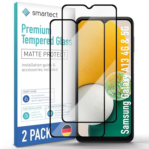 SmarTect Schutzglas [2 Stück, Full Screen Matt] kompatibel mit Samsung Galaxy A13 4G & 5G, HD Schutzfolie Anti-Kratzer, Blasenfrei, 9H Härte, entspiegelt, Ultrabeständig von SmarTect