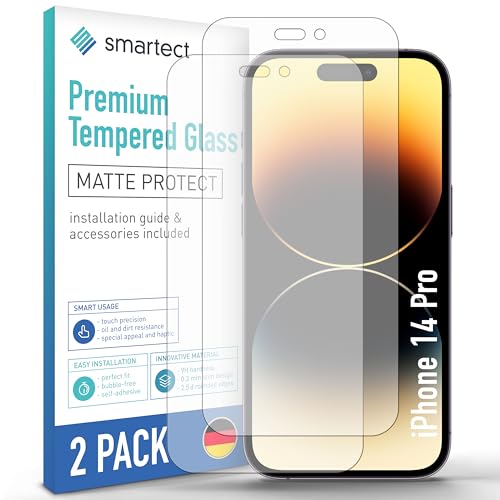 SmarTect Schutzglas [2 Stück, Full Screen Matt] kompatibel mit iPhone 14 Pro, HD Schutzfolie Anti-Kratzer, Blasenfrei, 9H Härte, entspiegelt, Ultrabeständig von SmarTect
