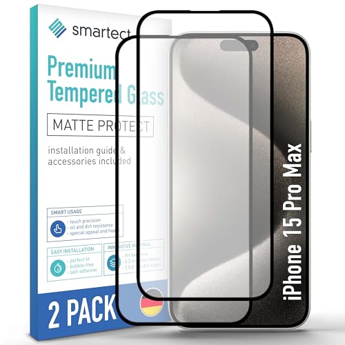 SmarTect Schutzglas [2 Stück, Full Screen Matt] kompatibel mit iPhone 15 Pro Max, inkl. Positionierhilfe, HD Schutzfolie Anti-Kratzer, Blasenfrei, 9H Härte, entspiegelt, Ultrabeständig von SmarTect