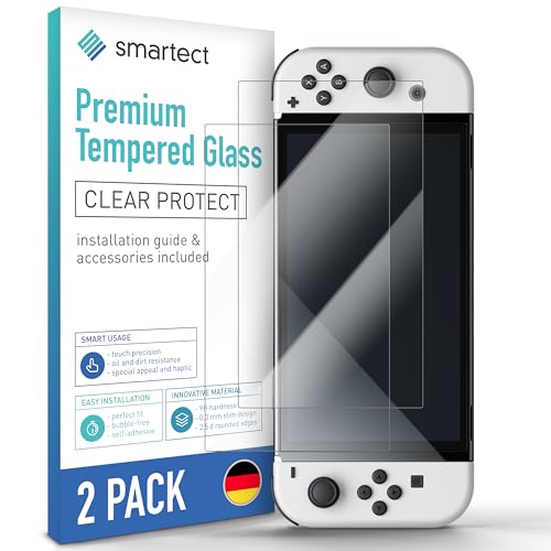 smartect Schutzglas [2 Stück, Klar] kompatibel mit Nintendo Switch OLED, HD Schutzfolie Anti-Kratzer, Blasenfrei, 9H Härte, 0.3 mm Ultra-klar, Ultrabeständig von smartect