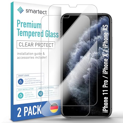 SmarTect Schutzglas [2 Stück, Klar] kompatibel mit iPhone 11 Pro/iPhone X/iPhone XS, HD Schutzfolie Anti-Kratzer, Blasenfrei, 9H Härte, 0.3 mm Ultra-klar, Ultrabeständig von SmarTect