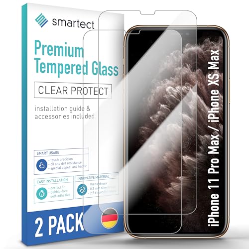 SmarTect Schutzglas [2 Stück, Klar] kompatibel mit iPhone 11 Pro Max/iPhone XS Max, HD Schutzfolie Anti-Kratzer, Blasenfrei, 9H Härte, 0.3 mm Ultra-klar, Ultrabeständig von SmarTect