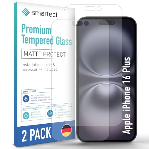 SmarTect Schutzglas [2 Stück, Matt] kompatibel mit iPhone 16 Plus, HD Schutzfolie Anti-Kratzer, Blasenfrei, 9H Härte, entspiegelt, Ultrabeständig von SmarTect