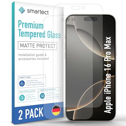 smartect Schutzglas [2 Stück, Matt] kompatibel mit iPhone 16 Pro Max, HD Schutzfolie Anti-Kratzer, Blasenfrei, 9H Härte, entspiegelt, Ultrabeständig von smartect