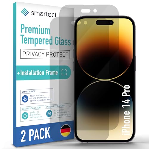 SmarTect Schutzglas [2 Stück, Privacy] kompatibel mit iPhone 14 Pro, inkl. Positionierhilfe, Sichtschutzfolie Anti-Kratzer, Blasenfrei, 9H Härte, Anti-Spy, Ultrabeständig von SmarTect