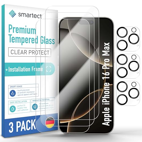 SmarTect Schutzglas [3 + 3 Stück, Klar] kompatibel mit iPhone 16 Pro Max, Display + Kamera, inkl. Positionierhilfe, HD Schutzfolie Anti-Kratzer, Blasenfrei, 9H Härte, 0.3 mm Ultra-klar von SmarTect