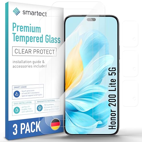 SmarTect Schutzglas [3 + 3 Stück, Klar] kompatibel mit Honor 200 Lite 5G, Display + Kamera, HD Schutzfolie Anti-Kratzer, Blasenfrei, 9H Härte, 0.3 mm Ultra-klar, Ultrabeständig von SmarTect