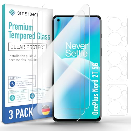 SmarTect Schutzglas [3 + 3 Stück, Klar] kompatibel mit OnePlus Nord 2T 5G, Display + Kamera, HD Schutzfolie Anti-Kratzer, Blasenfrei, 9H Härte, 0.3 mm Ultra-klar, Ultrabeständig von SmarTect