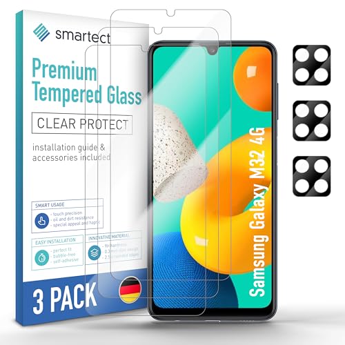 smartect Schutzglas [3 + 3 Stück, Klar] kompatibel mit Samsung Galaxy M32 4G, Display + Kamera, HD Schutzfolie Anti-Kratzer, Blasenfrei, 9H Härte, 0.3 mm Ultra-klar, Ultrabeständig von smartect