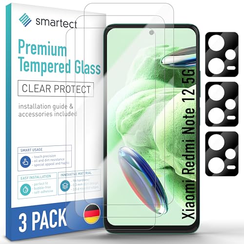 SmarTect Schutzglas [3 + 3 Stück, Klar] kompatibel mit Xiaomi Redmi Note 12 5G, Display + Kamera, HD Schutzfolie Anti-Kratzer, Blasenfrei, 9H Härte, 0.3 mm Ultra-klar, Ultrabeständig von SmarTect