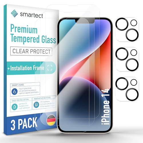 smartect Schutzglas [3 + 3 Stück, Klar] kompatibel mit iPhone 14, Display + Kamera, inkl. Positionierhilfe, HD Schutzfolie Anti-Kratzer, Blasenfrei, 9H Härte, 0.3 mm Ultra-klar von smartect