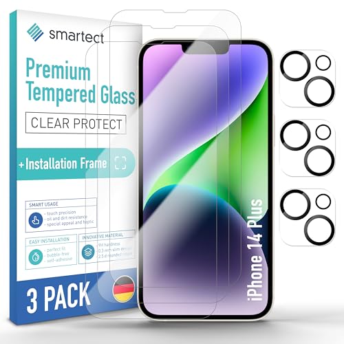 smartect Schutzglas [3 + 3 Stück, Klar] kompatibel mit iPhone 14 Plus, Display + Kamera, inkl. Positionierhilfe, HD Schutzfolie Anti-Kratzer, Blasenfrei, 9H Härte, 0.3 mm Ultra-klar von smartect