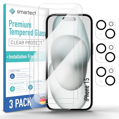 smartect Schutzglas [3 + 3 Stück, Klar] kompatibel mit iPhone 15, Display + Kamera, inkl. Positionierhilfe, HD Schutzfolie Anti-Kratzer, Blasenfrei, 9H Härte, 0.3 mm Ultra-klar von smartect