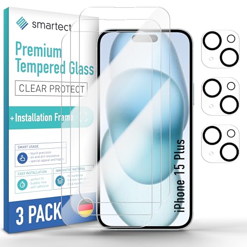 SmarTect Schutzglas [3 + 3 Stück, Klar] kompatibel mit iPhone 15 Plus, Display + Kamera, inkl. Positionierhilfe, HD Schutzfolie Anti-Kratzer, Blasenfrei, 9H Härte, 0.3 mm Ultra-klar von SmarTect