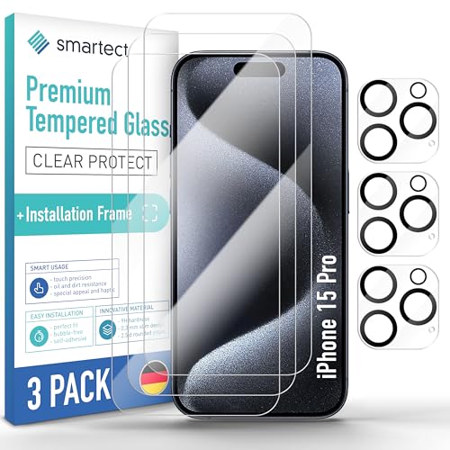 smartect Schutzglas [3 + 3 Stück, Klar] kompatibel mit iPhone 15 Pro, Display + Kamera, inkl. Positionierhilfe, HD Schutzfolie Anti-Kratzer, Blasenfrei, 9H Härte, 0.3 mm Ultra-klar von smartect