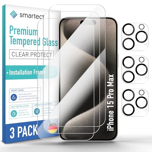 smartect Schutzglas [3 + 3 Stück, Klar] kompatibel mit iPhone 15 Pro Max, Display + Kamera, inkl. Positionierhilfe, HD Schutzfolie Anti-Kratzer, Blasenfrei, 9H Härte, 0.3 mm Ultra-klar von smartect