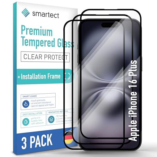 smartect Schutzglas [3 Stück, Full Screen] kompatibel mit iPhone 16 Plus, inkl. Positionierhilfe, HD Schutzfolie Anti-Kratzer, Blasenfrei, 9H Härte, 0.3 mm Ultra-klar, Ultrabeständig von smartect