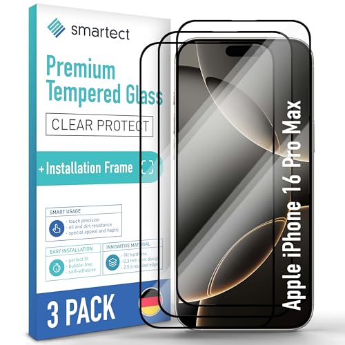 smartect Schutzglas [3 Stück, Full Screen] kompatibel mit iPhone 16 Pro Max, inkl. Positionierhilfe, HD Schutzfolie Anti-Kratzer, Blasenfrei, 9H Härte, 0.3 mm Ultra-klar, Ultrabeständig von smartect