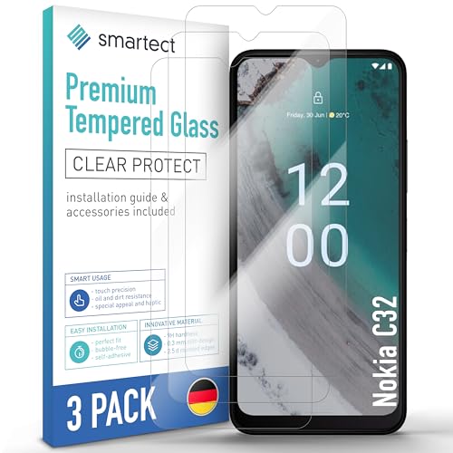 SmarTect Schutzglas [3 Stück, Klar] kompatibel mit Nokia C32, HD Schutzfolie Anti-Kratzer, Blasenfrei, 9H Härte, 0.3 mm Ultra-klar, Ultrabeständig von SmarTect