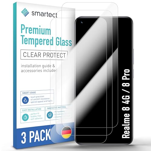 SmarTect Schutzglas [3 Stück, Klar] kompatibel mit Realme 8 4G / 8 Pro, HD Schutzfolie Anti-Kratzer, Blasenfrei, 9H Härte, 0.3 mm Ultra-klar, Ultrabeständig von SmarTect