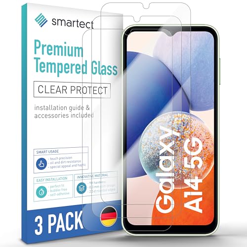 SmarTect Schutzglas [3 Stück, Klar] kompatibel mit Samsung Galaxy A14 4G & 5G, HD Schutzfolie Anti-Kratzer, Blasenfrei, 9H Härte, 0.3 mm Ultra-klar, Ultrabeständig von SmarTect
