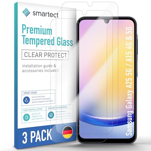 smartect Schutzglas [3 Stück, Klar] kompatibel mit Samsung Galaxy A25 5G / Samsung Galaxy A15 4G and 5G, HD Schutzfolie Anti-Kratzer, Blasenfrei, 9H Härte, 0.3 mm Ultra-klar, Ultrabeständig von smartect