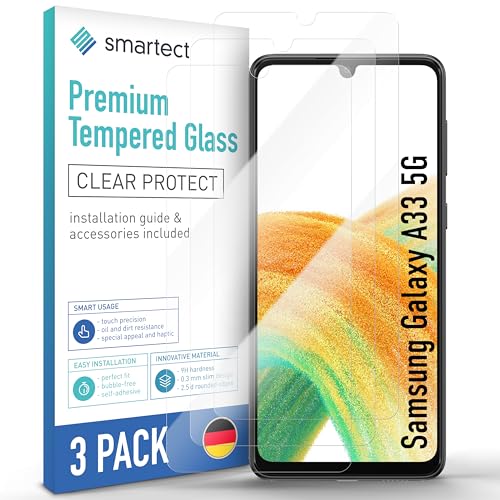 SmarTect Schutzglas [3 Stück, Klar] kompatibel mit Samsung Galaxy A33 5G, HD Schutzfolie Anti-Kratzer, Blasenfrei, 9H Härte, 0.3 mm Ultra-klar, Ultrabeständig von SmarTect