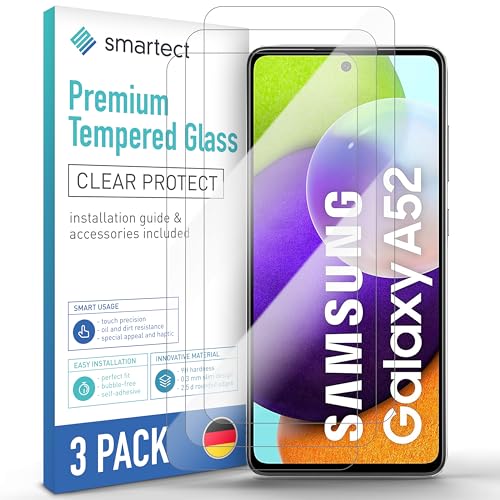 smartect Schutzglas [3 Stück, Klar] kompatibel mit Samsung Galaxy A52 4G / A52 5G / A52s 5G, HD Schutzfolie Anti-Kratzer, Blasenfrei, 9H Härte, 0.3 mm Ultra-klar, Ultrabeständig von smartect