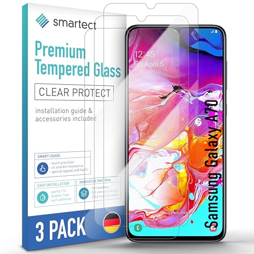 SmarTect Schutzglas [3 Stück, Klar] kompatibel mit Samsung Galaxy A70, HD Schutzfolie Anti-Kratzer, Blasenfrei, 9H Härte, 0.3 mm Ultra-klar, Ultrabeständig von SmarTect