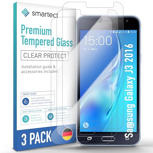 smartect Schutzglas [3 Stück, Klar] kompatibel mit Samsung Galaxy J3 2016, HD Schutzfolie Anti-Kratzer, Blasenfrei, 9H Härte, 0.3 mm Ultra-klar, Ultrabeständig von smartect