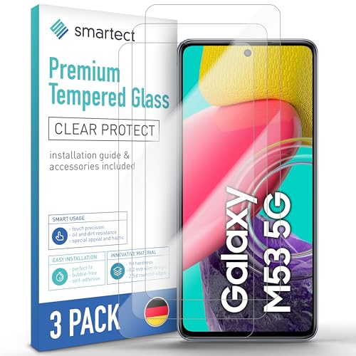 SmarTect Schutzglas [3 Stück, Klar] kompatibel mit Samsung Galaxy M53 5G, HD Schutzfolie Anti-Kratzer, Blasenfrei, 9H Härte, 0.3 mm Ultra-klar, Ultrabeständig von SmarTect