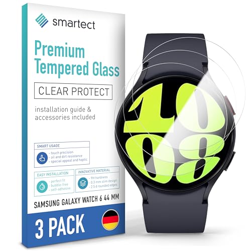 smartect Schutzglas [3 Stück, Klar] kompatibel mit Samsung Galaxy Watch 6 44mm, HD Schutzfolie Anti-Kratzer, Blasenfrei, 9H Härte, 0.3 mm Ultra-klar, Ultrabeständig von smartect
