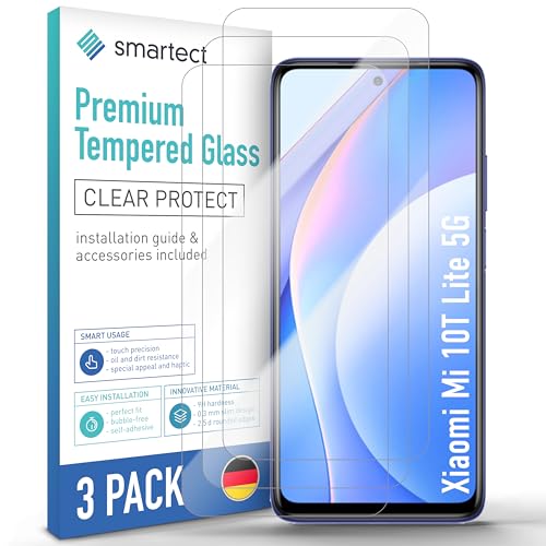 SmarTect Schutzglas [3 Stück, Klar] kompatibel mit Xiaomi Mi 10T Lite 5G, HD Schutzfolie Anti-Kratzer, Blasenfrei, 9H Härte, 0.3 mm Ultra-klar, Ultrabeständig von SmarTect