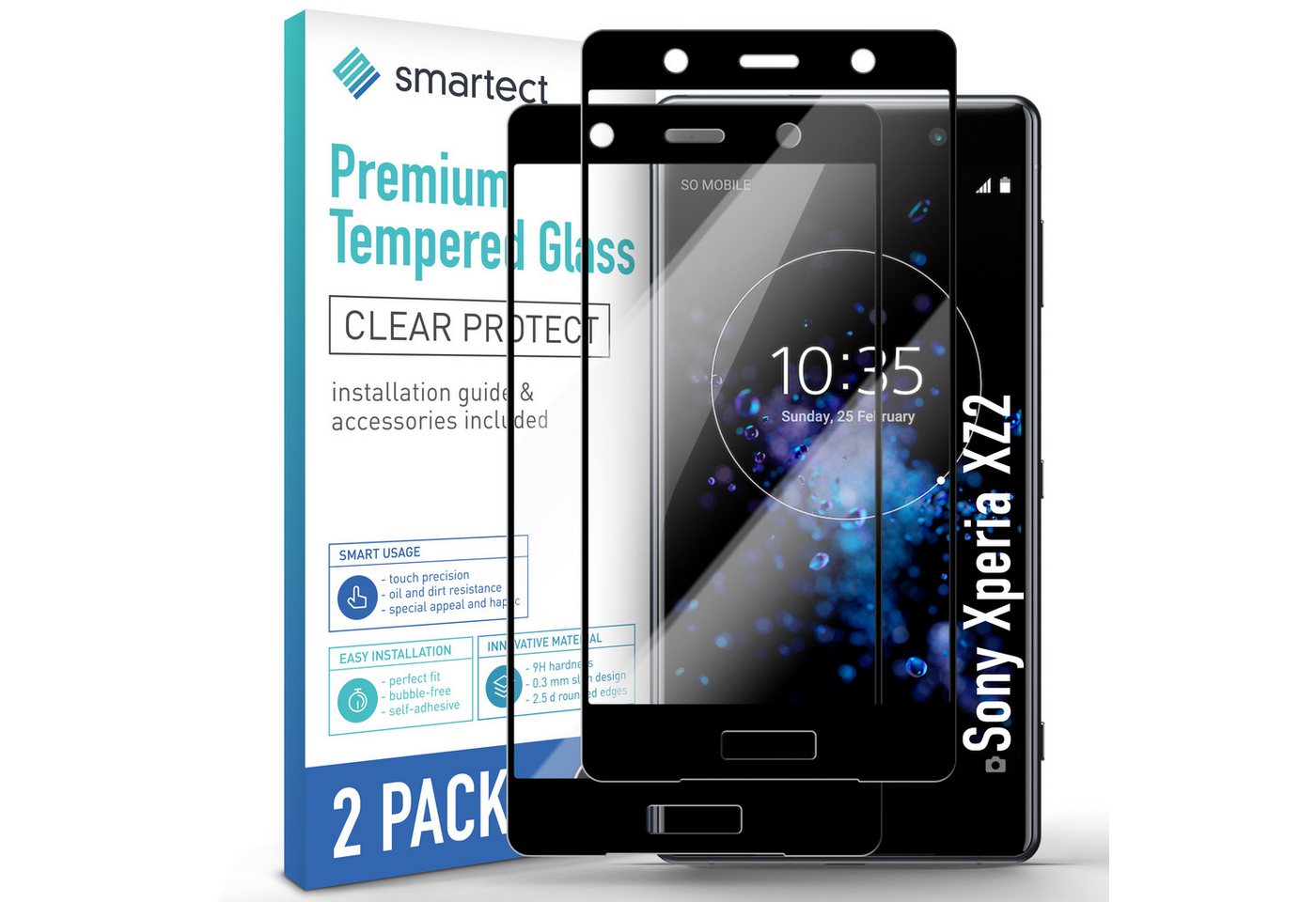 smartect Displayschutzglas Schutzglas Full Screen für Sony Xperia XZ2 [NOT Z2], 2 Stück von smartect