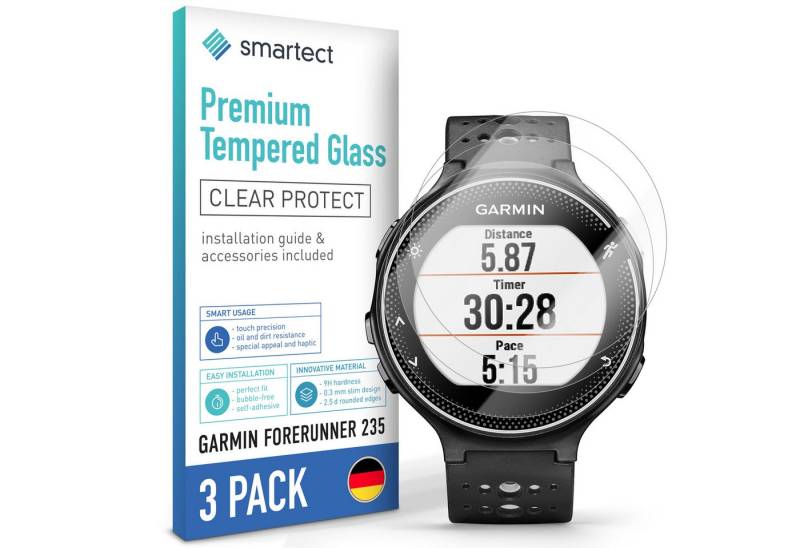 smartect Displayschutzglas Schutzglas Klar für Garmin Forerunner 235, 3 Stück für Garmin Forerunner 235, 3 Stück, Anti-Fingerabdruck, 9H Härte, Blasenfreie Installation von smartect