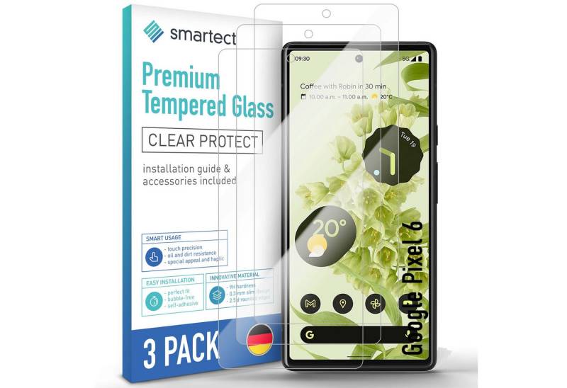 smartect Displayschutzglas Schutzglas Klar für Google Pixel 6, 3 Stück für Google Pixel 6, 3 Stück, Anti-Fingerabdruck, 9H Härte, Blasenfreie Installation von smartect