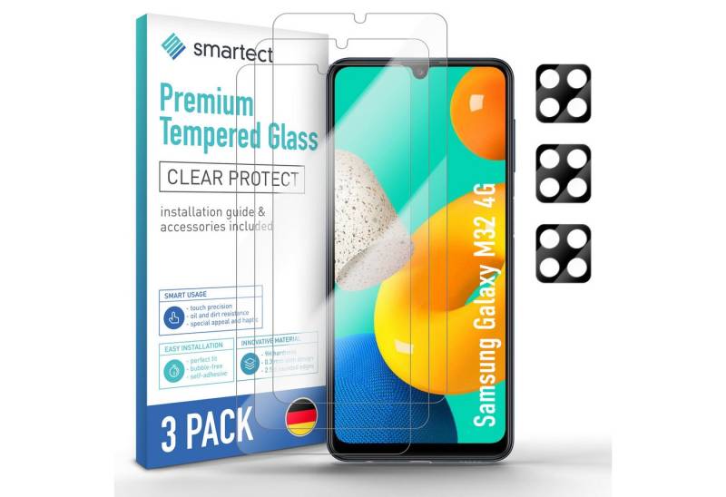 smartect Displayschutzglas Schutzglas Klar für Samsung Galaxy M32 4G, 3x Front + 3x Cam für Samsung Galaxy M32 4G, 3 Stück, Anti-Fingerabdruck, 9H Härte, Blasenfreie Installation von smartect