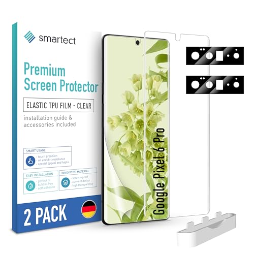 SmarTect TPU Schutzfolie [2 + 2 Stück] kompatibel mit Google Pixel 6 Pro, DISPLAY + KAMERA, Bedeckt das ganze Display, Bildschirmschutz Blasenfrei, Displayschutzfolie Anti Fingerabdruck von SmarTect