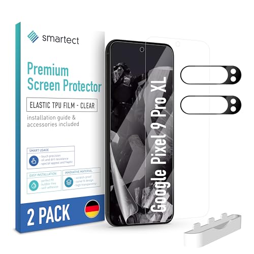 SmarTect TPU Schutzfolie [2 + 2 Stück] kompatibel mit Google Pixel 9 Pro XL, DISPLAY + KAMERA, Bedeckt das ganze Display, Bildschirmschutz Blasenfrei, Displayschutzfolie Anti Fingerabdruck von SmarTect