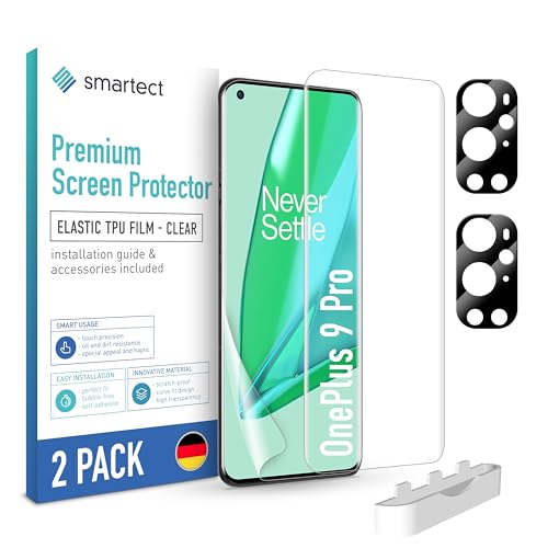 SmarTect TPU Schutzfolie [2 + 2 Stück] kompatibel mit OnePlus 9 Pro, DISPLAY + KAMERA, Bedeckt das ganze Display, Bildschirmschutz Blasenfrei, Displayschutzfolie Anti Fingerabdruck von SmarTect