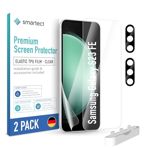SmarTect TPU Schutzfolie [2 + 2 Stück] kompatibel mit Samsung Galaxy S23 FE, DISPLAY + KAMERA, Bedeckt das ganze Display, Bildschirmschutz Blasenfrei, Displayschutzfolie Anti Fingerabdruck von SmarTect
