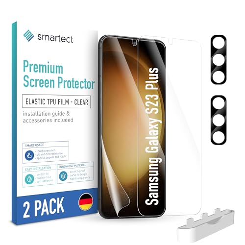 SmarTect TPU Schutzfolie [2 + 2 Stück] kompatibel mit Samsung Galaxy S23 Plus, DISPLAY + KAMERA, Bedeckt das ganze Display, Bildschirmschutz Blasenfrei, Displayschutzfolie Anti Fingerabdruck von SmarTect