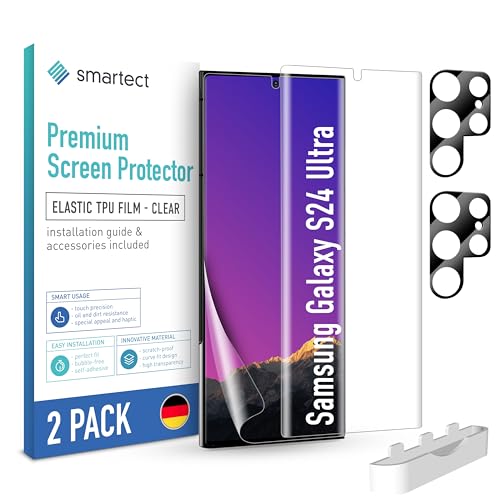 SmarTect TPU Schutzfolie [2 + 2 Stück] kompatibel mit Samsung Galaxy S24 Ultra, DISPLAY + KAMERA, Bedeckt das ganze Display, Bildschirmschutz Blasenfrei, Displayschutzfolie Anti Fingerabdruck von SmarTect
